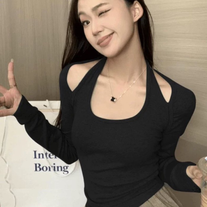 Áo thun giả dài tay hai mảnh dành cho nữ, áo ngắn giảm béo mùa xuân thu, áo sơ mi cổ yếm thời trang