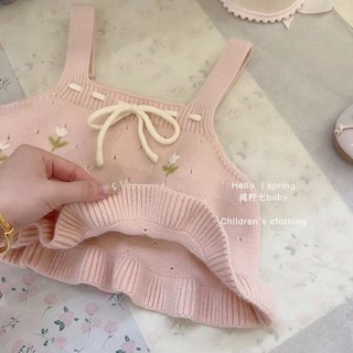 Áo vest dệt kim dành cho bé gái, áo dây có dây hoa ngọt ngào thời trang cho bé, áo vest thời trang