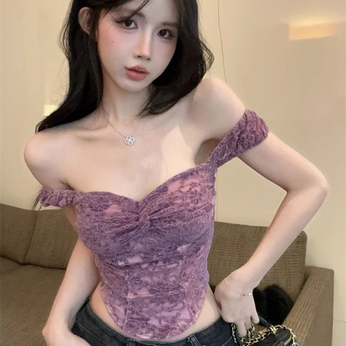áo yếm nối ren màu tím Áo khoác ngoài nữ một vai áo ống xương đòn cho nữ