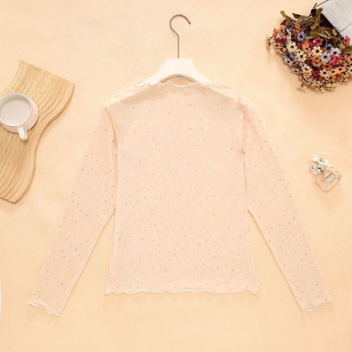 Áo thun dài tay cổ chữ V đính sequin độc đáo và tinh tế thời trang nữ hơi trong mờ Slim Fit Top