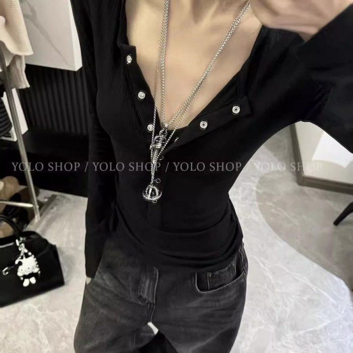 Lan ~ Áo Sơ Mi Cổ Chữ V Dài Tay, Thiết Kế Hở Eo Hẹp Ôm Sát, Thích Hợp Các Mùa