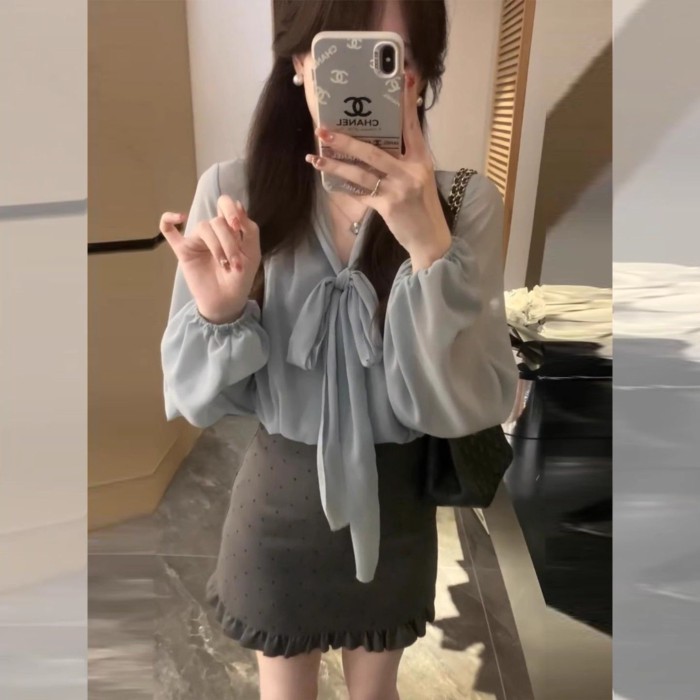 Áo sơ mi voan dài tay cổ chữ V thắt nơ kiểu Pháp dành cho nữ, áo sơ mi mùa thu, áo dáng ôm và đa nă