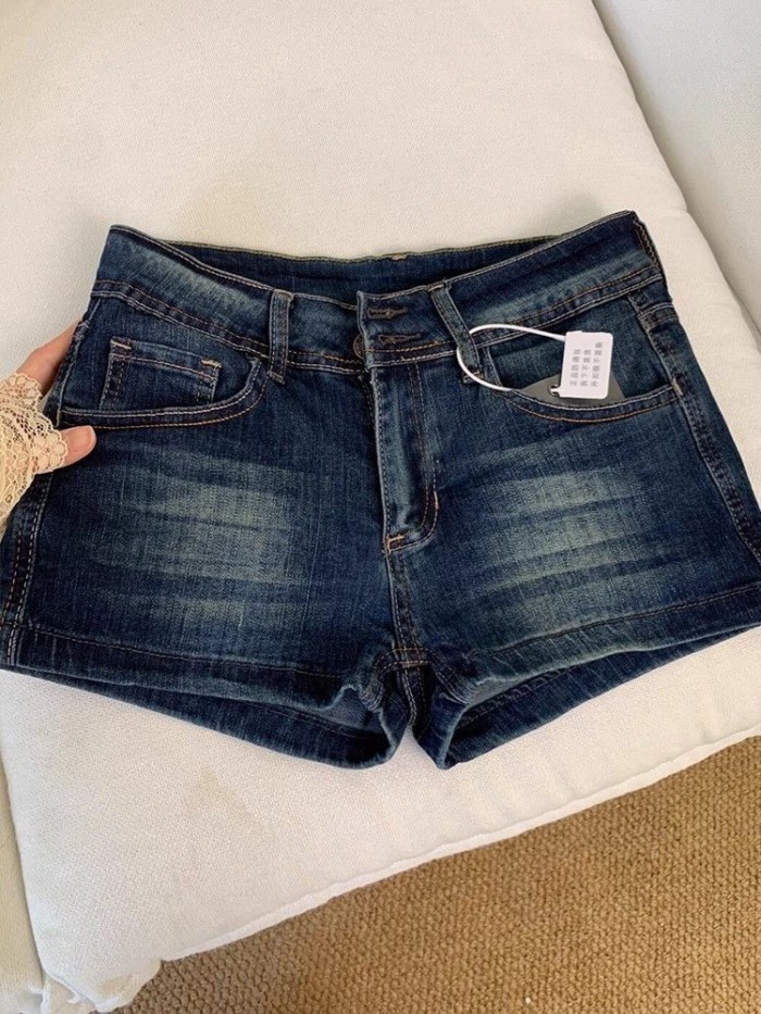 Quần short denim lưng thấp của Mỹ dành cho nữ mùa hè màu xanh đậm đa năng giảm béo nâng mông quầ