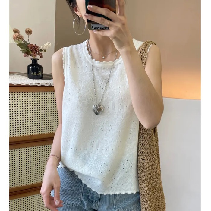 Mùa hè băng lụa rỗng chất lượng không khí ren cổ tròn không tay kích thước lớn dệt kim đáy áo vest