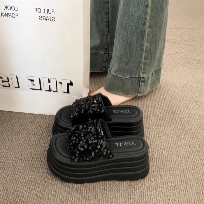 Giày sandal tăng chiều cao đế dày đính sequin cho nữ đi chơi mùa hè dép đa năng thời trang