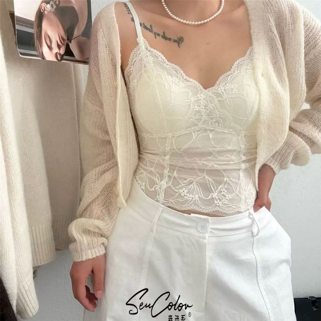 Áo lót ren nữ retro có miếng lót ngực, phù hợp đồng bộ với áo vest