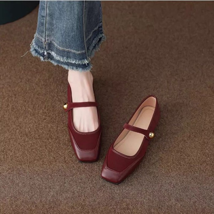 Giày buổi tối đế bằng màu đỏ cho nữ giày mũi vuông Mary Jane cho nữ