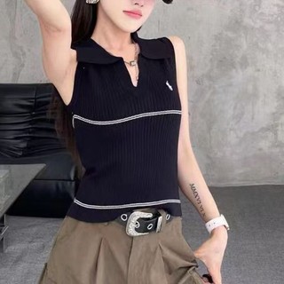 Pháp Không Tay Cổ POLO Dệt Kim Áo Mùa Hè Mới Ve Áo Mỏng Thêu Đa Năng Thịt-Bao Phủ Cao Cấp Hàng Đ