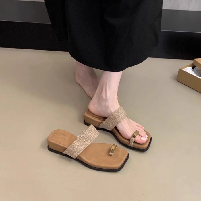 Dép vải lanh đế dày cho nữ, dép xỏ ngón mùa hè kiểu Pháp, sandal đế bệt, giày đi biển thoải mái pho