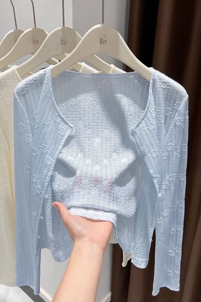 Váy treo ren jacquard, áo cardigan, áo dài tay mùa hè, khăn choàng mỏng đi biển cho nữ, kết hợp
