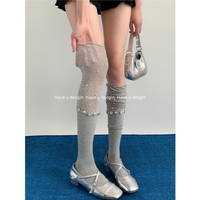 Tất nữ over-the-knee mùa xuân phong cách ba lê, họa tiết ngọc trai và kim cương nóng