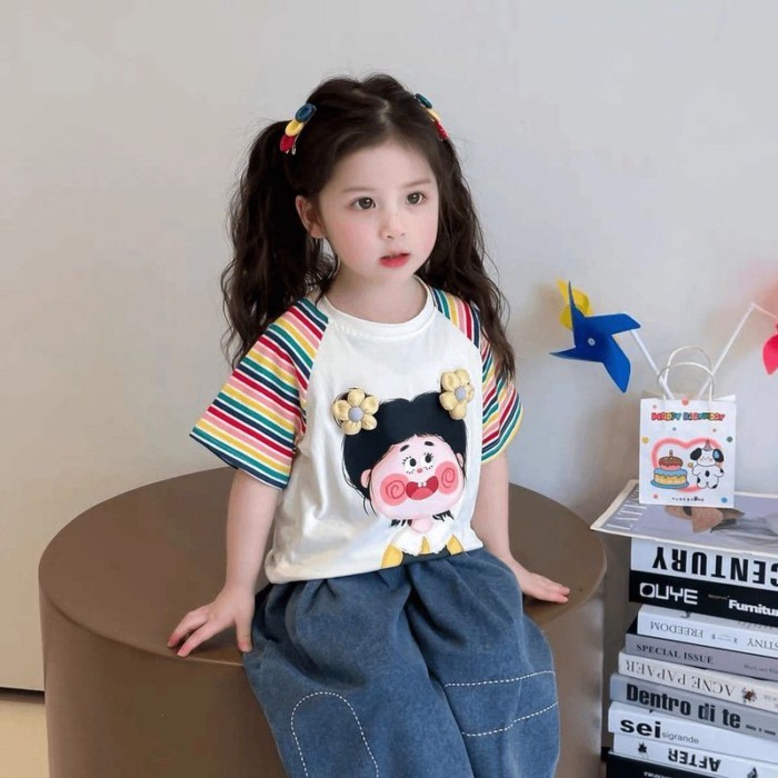 bộ quần áo mùa hè ngắn tay cho bé phong cách mới phong cách trẻ em in hoạt hình sọc chặn màu áo