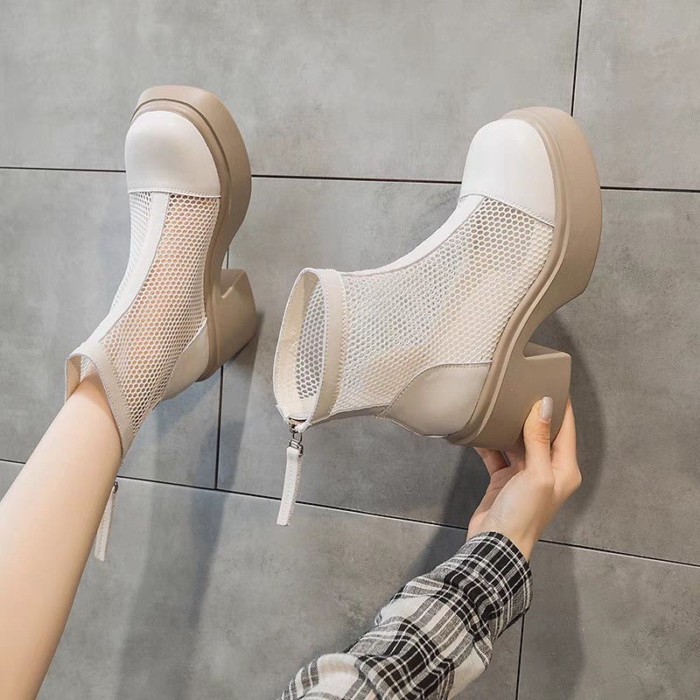 Giày Bốt Martin Nữ Mùa Hè Lưới Mỏng Rỗng Giày Bốt Cổ Ngắn Nhỏ Cao Gót Đế Dày Dép Thoáng Khí