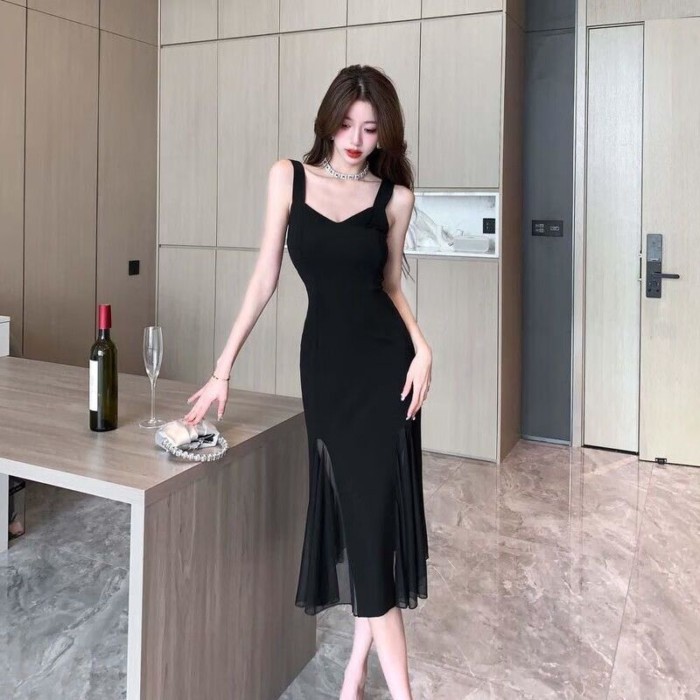 Phong cách Pháp retro treo cao cấp nhỏ váy đen nối lưới giảm béo khí chất người nổi tiếng váy dà