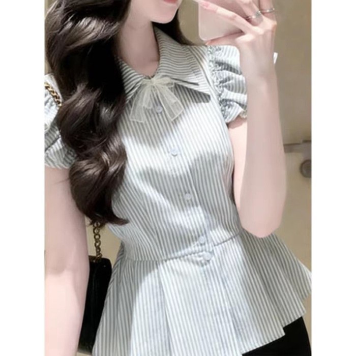 Sơ mi sọc, dáng ôm, tay bay, áo kiểu Pháp, kiểu dáng ngắn mùa hè, áo sơ mi nhỏ phổ biến hiện nay dà
