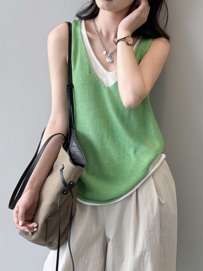 Áo Không Tay Mùa Hè Yếm Áo Vest Màu Sắc Tương Phản Giả 2 Áo Vest Nữ Mùa Hè Cổ Chữ V Thời Trang Áo T