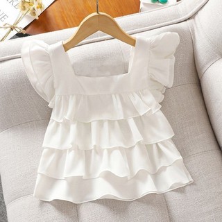 Áo babydoll ngắn tay bé gái, áo thun tay bay thời trang đa năng cho bé gái, áo vest diềm xếp nếp bé