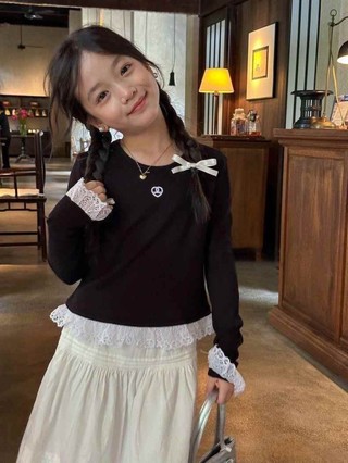 Áo thun dài tay bé gái, áo phông trẻ em, áo phông thêu ren công chúa cỡ vừa và lớn cho trẻ em