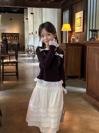Áo thun dài tay bé gái, áo phông trẻ em, áo phông thêu ren công chúa cỡ vừa và lớn cho trẻ em