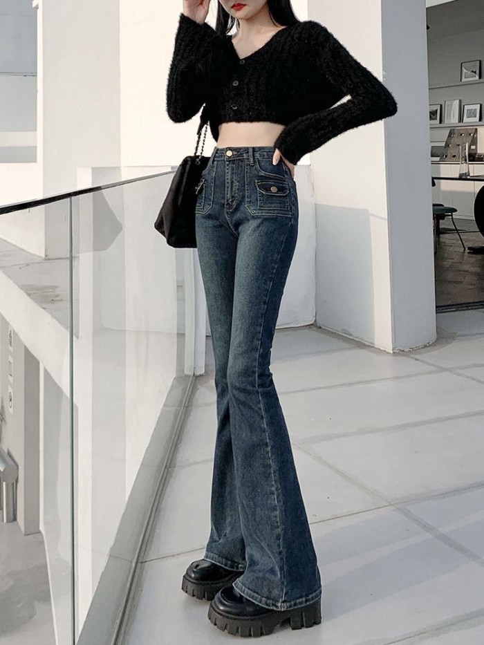 Retro Co Giãn Cao Cấp Boot Jeans Nữ Xuân Thu Mới Slim Fit Mở Rộng Loe Quần