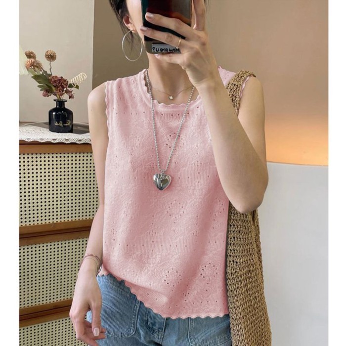 Mùa hè băng lụa rỗng chất lượng không khí ren cổ tròn không tay kích thước lớn dệt kim đáy áo vest