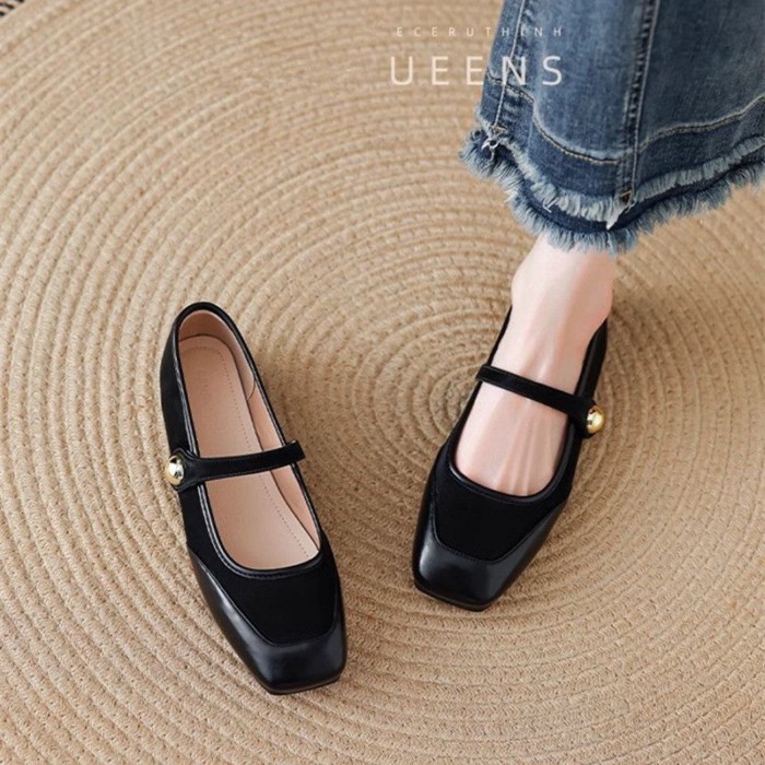 Giày buổi tối đế bằng màu đỏ cho nữ giày mũi vuông Mary Jane cho nữ