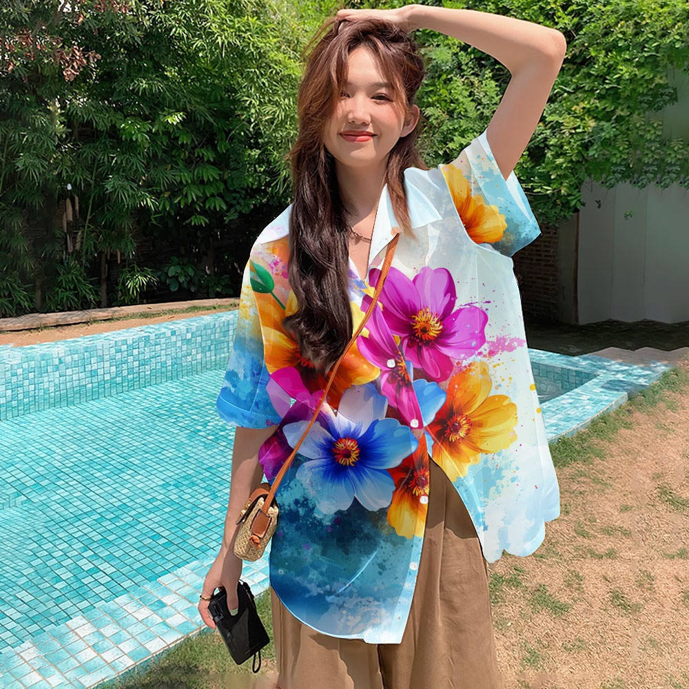 Áo sơ mi nữ ngắn tay in hoa, khô nhanh, thoải mái vào mùa hè.