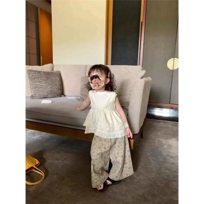 Ba lô bé gái mùa xuân retro họa tiết hoa quần jean ống rộng thời trang trẻ em quần rộng quần dài