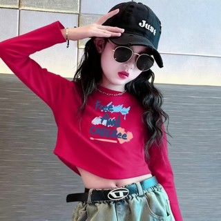 Áo thun ngắn tay ngắn tay cotton nguyên chất mùa xuân thu trẻ em áo phông đỏ thời trang cho bé gái