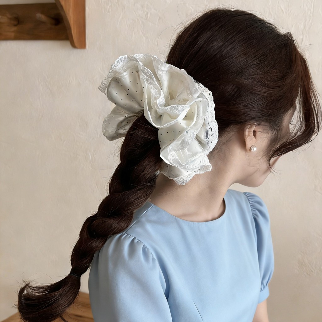 Dây buộc tóc ren chấm bi trắng cho nữ Mũ đội đầu lớn