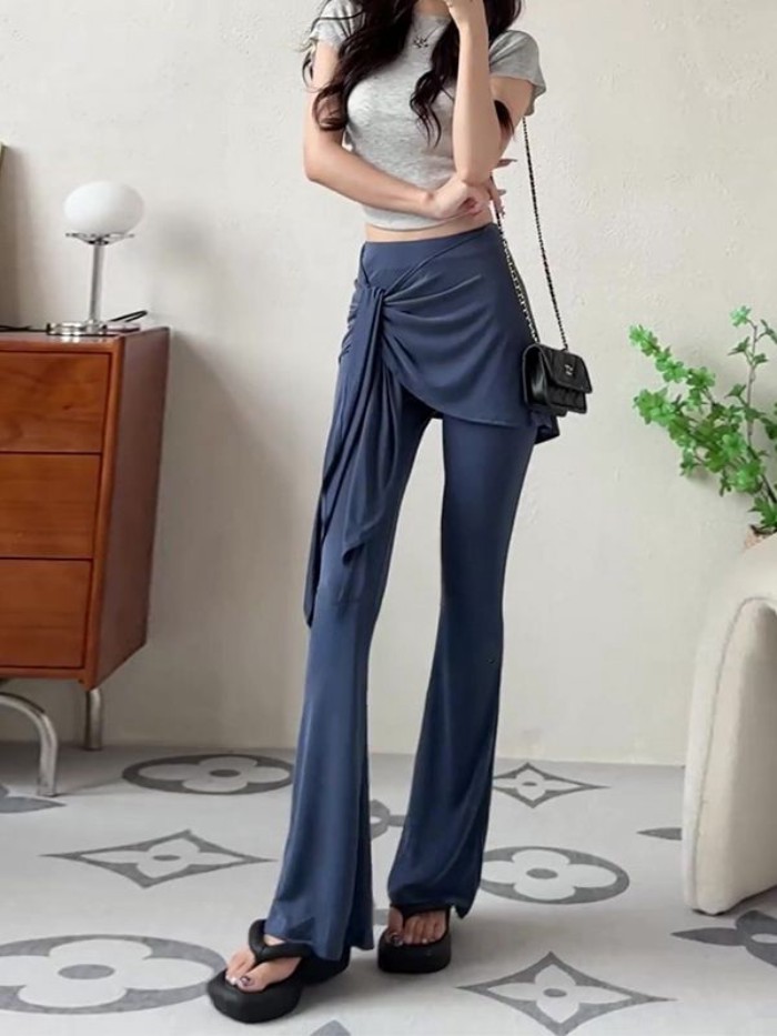 quần ống rộng ống loe siêu nhỏ hai mảnh giả niche dành cho nữ, quần dài xếp tầng ôm sát mùa hè m