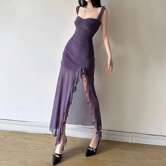 váy ôm màu tím xẻ tà dây cổ váy dài váy dành cho nữ