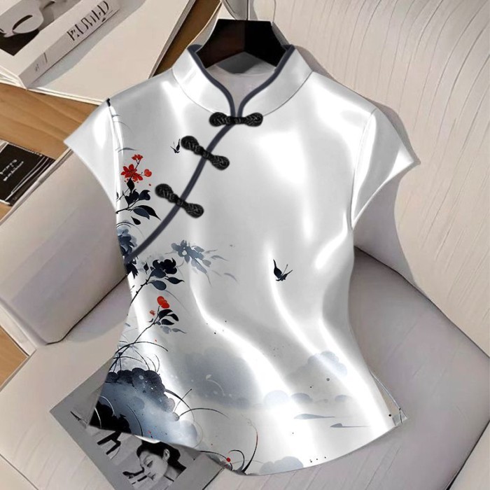 áo phông ngắn tay kiểu Trung Quốc mới cho mùa hè, áo sườn xám cải tiến mới, áo sơ mi Hanfu kiểu