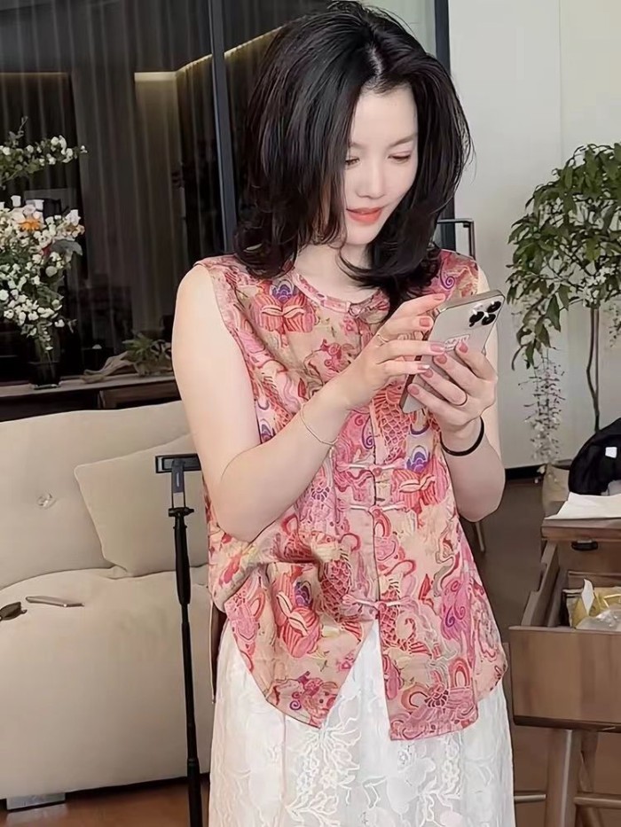Phong Cách Trung Hoa Mới Nút Đĩa Áo Sơ Mi Không Tay Nữ Mùa Hè Mới Retro Thời Trang Top Áo Vest Á