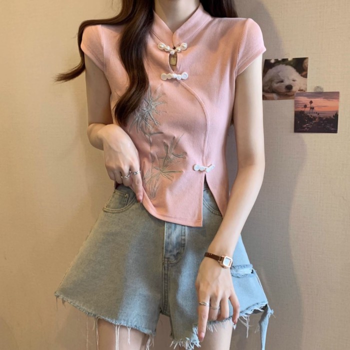 phong cách quốc gia dành cho nữ phong cách mới phong cách Trung Hoa mới cổ đứng đính nút áo thun
