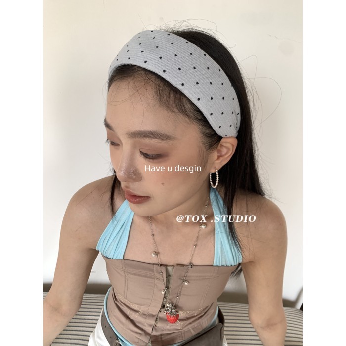 Quần Áo Phong Cách Hàn Quốc Chấm Bi Bông Bóng Cotton Rộng Viền Xếp Ly Với Băng Đô Mặt Nhỏ