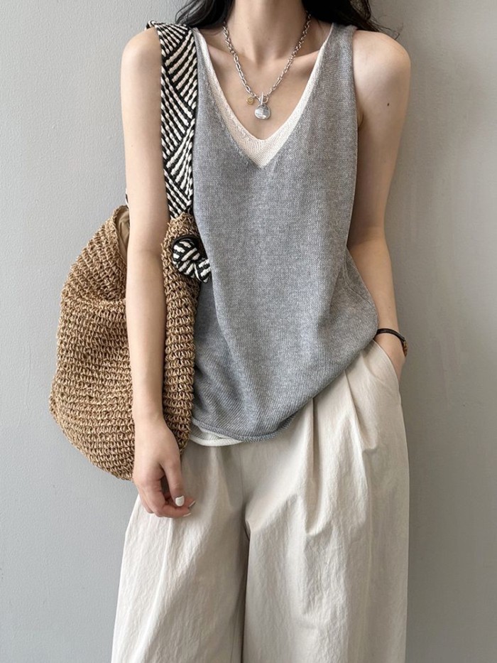 Áo Không Tay Mùa Hè Yếm Áo Vest Màu Sắc Tương Phản Giả 2 Áo Vest Nữ Mùa Hè Cổ Chữ V Thời Trang Áo T