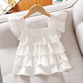 Áo babydoll ngắn tay bé gái, áo thun tay bay thời trang đa năng cho bé gái, áo vest diềm xếp nếp bé