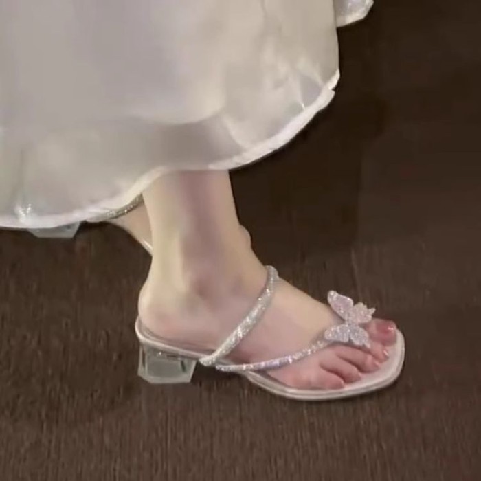 Giày Xăng Đan Gót Dày Đính Kim Cương Giả Cho Nữ Bên Ngoài Cổ Tích Nơ Thông Giày Sandal Cao Gót
