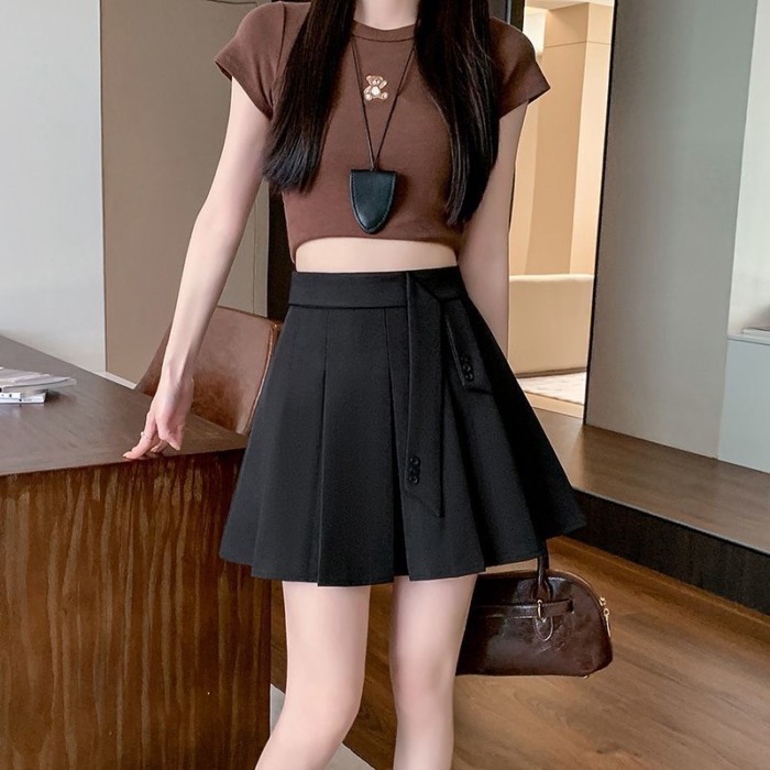 bộ đồ váy xếp li mùa hè mới váy chữ A lưng cao váy ôm váy ngắn đa năng