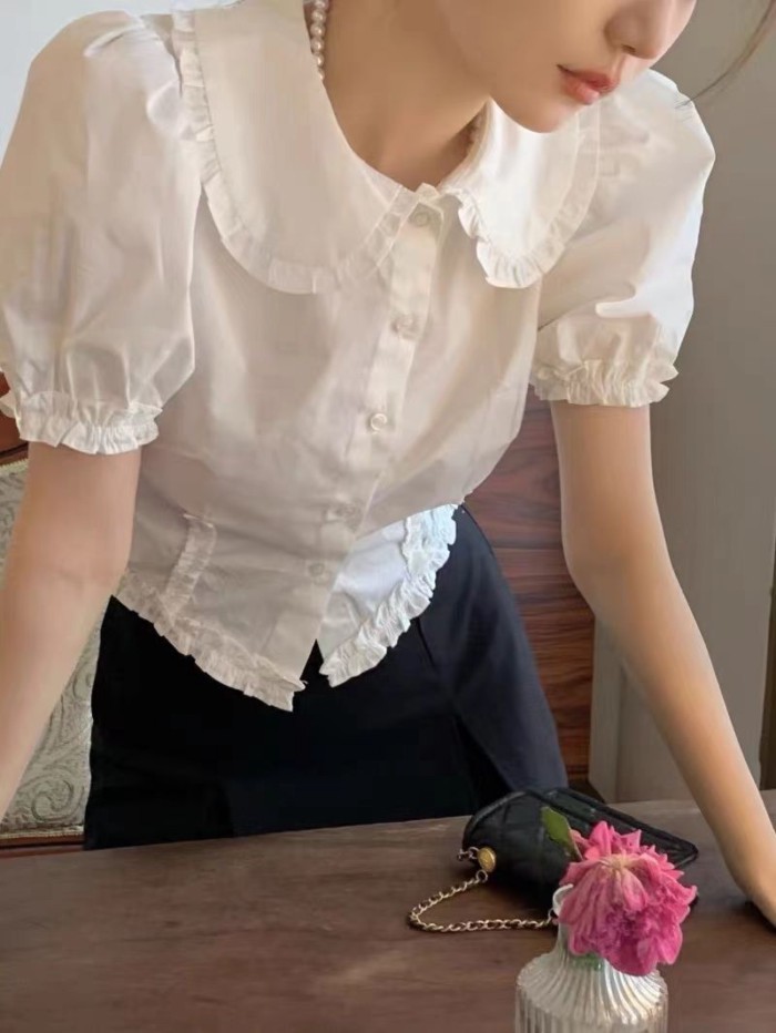 Retro Tay Phồng Cổ Búp Bê Áo Sơ Mi Nữ Mùa Hè Nấm Tay Ngắn Áo Trắng