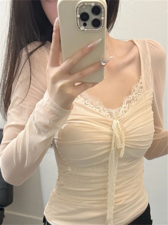 Áo ren cổ chữ V viền ren gợi cảm xếp ly lưới dài tay dành cho nữ mùa xuân kẹp eo thon gọn áo sơ mi