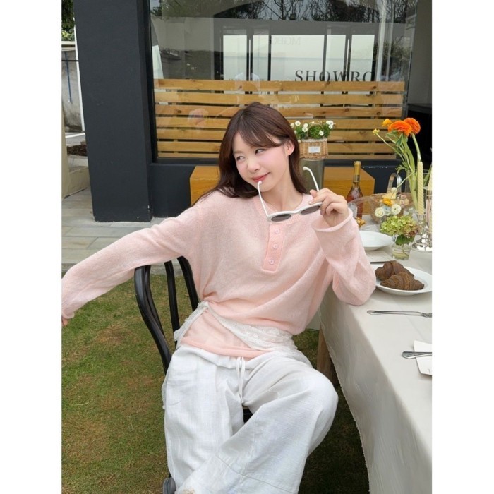 Áo len dài tay đơn giản màu trơn cổ mở nửa mùa xuân sang trọng mềm mại và dáng rộng bằng sáp