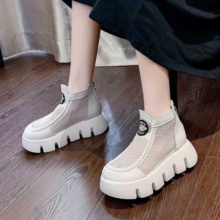 Mùa Hè Lưới Thoáng Khí Bánh Xốp Đế Dày Tăng Chiều Cao Mỏng Ngắn Giày Bốt Martin Rỗng Lưới Giày
