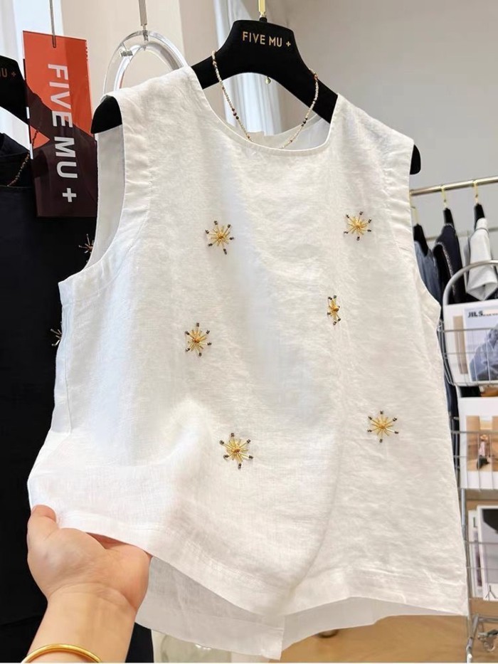 Áo vest thêu công nghiệp nặng Mùa hè nữ cao cấp Áo không tay dáng rộng dáng rộng