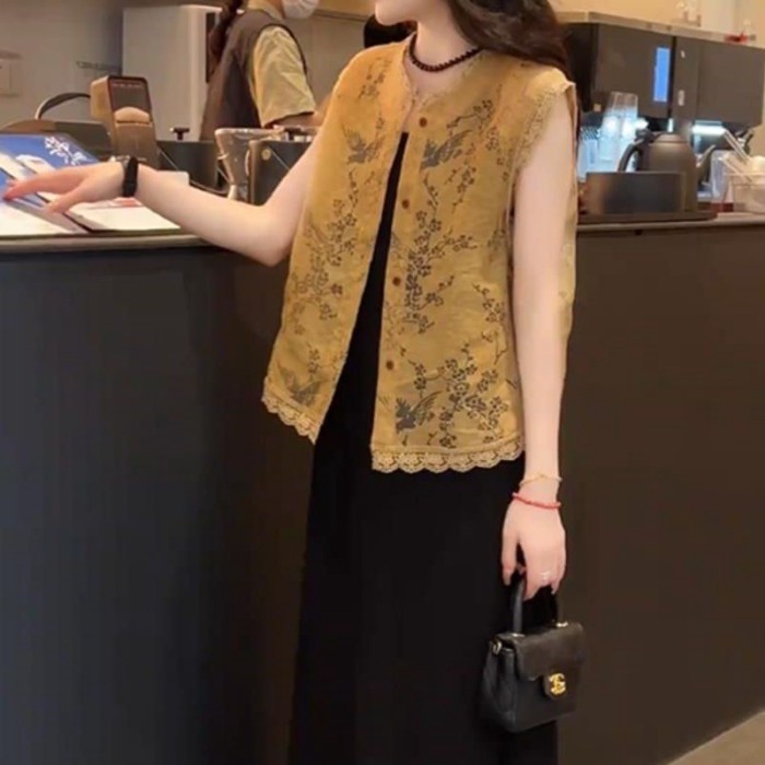 Mùa Hè Phong Cách Mới Trung Quốc Ren Jacquard Áo Cardigan Tính Khí Ôm Tay Rỗng Mỏng Top