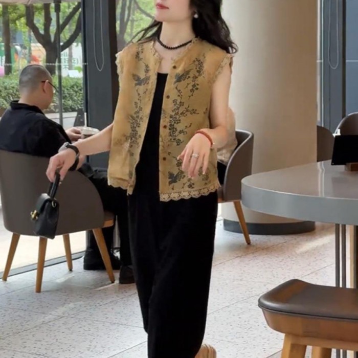 Mùa Hè Phong Cách Mới Trung Quốc Ren Jacquard Áo Cardigan Tính Khí Ôm Tay Rỗng Mỏng Top