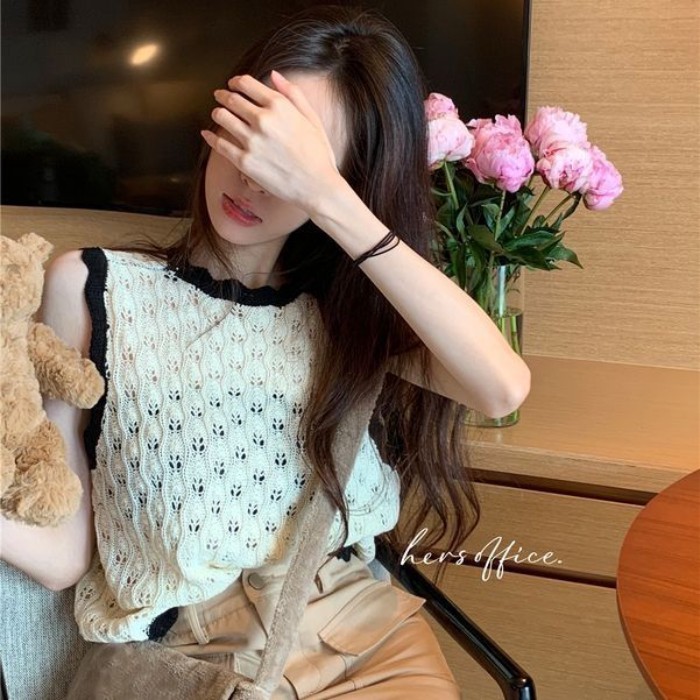 Áo vest dệt kim không tay khoét rỗng trang phục mặc ngoài mùa hè dáng rộng cho nữ