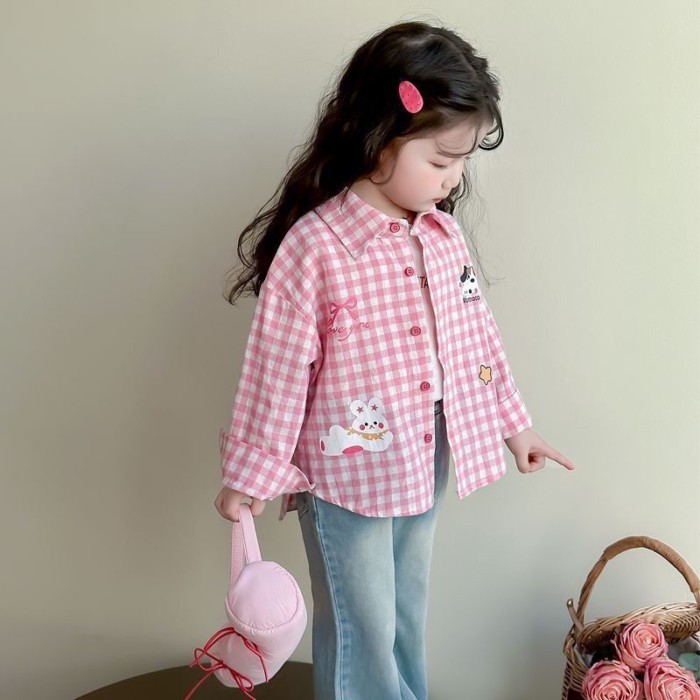 Áo Sơ Mi Nữ Mới Áo Kẻ Sọc Hàn Quốc Trẻ Em Thời Trang Xuân Thu Hoạt Hình Áo Sơ Mi Dài Tay