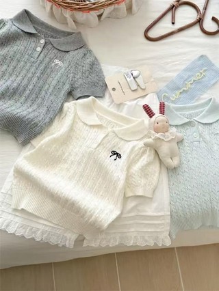 Quần áo bé gái mùa hè phong cách Hàn Quốc có nơ, tay ngắn, áo len thời trang